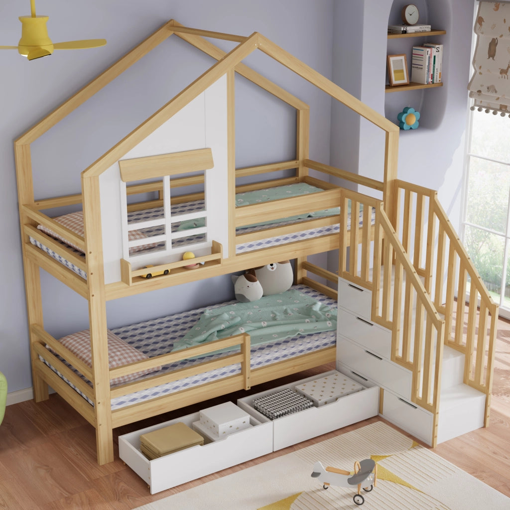 LETTO A CASTELLO 90x200 cm Bianco e Naturale con cassetti e scala di sicurezza