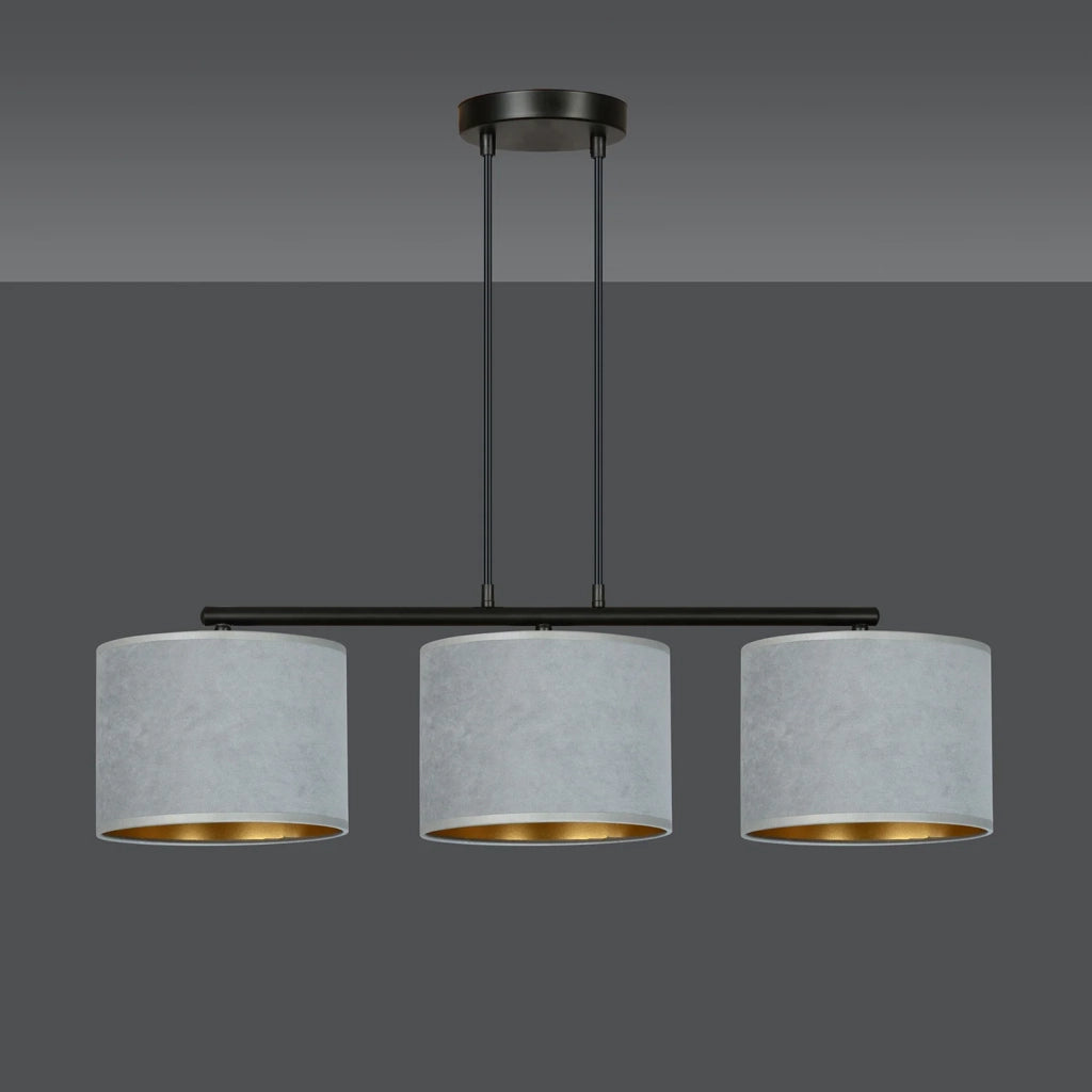 Lampadario 3 Luci Ganesha In Acciaio Nero E Paralumi In Tessuto Grigio