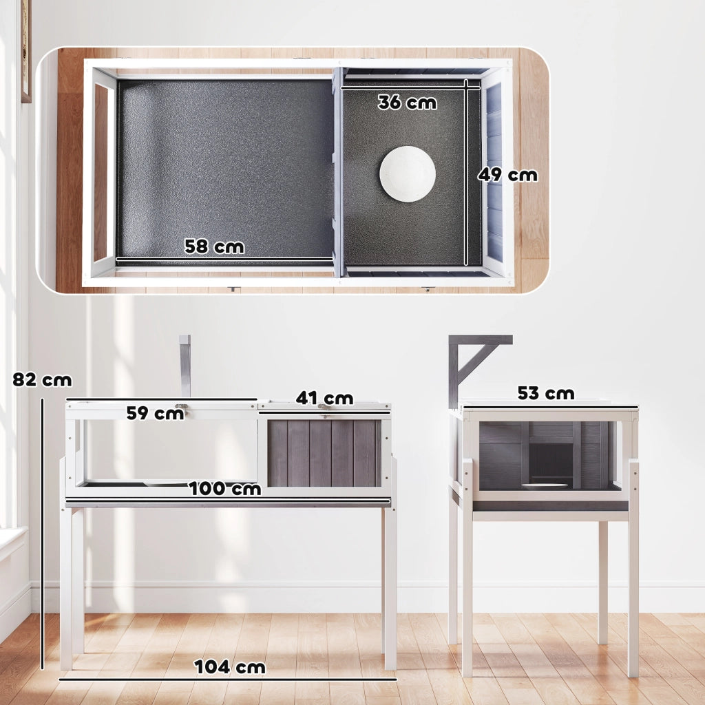 Casetta Tartarughe Rialzata ¨C Minimal ¨C Legno e Plastica, Grigio e Bianco, 104x53x82 cm