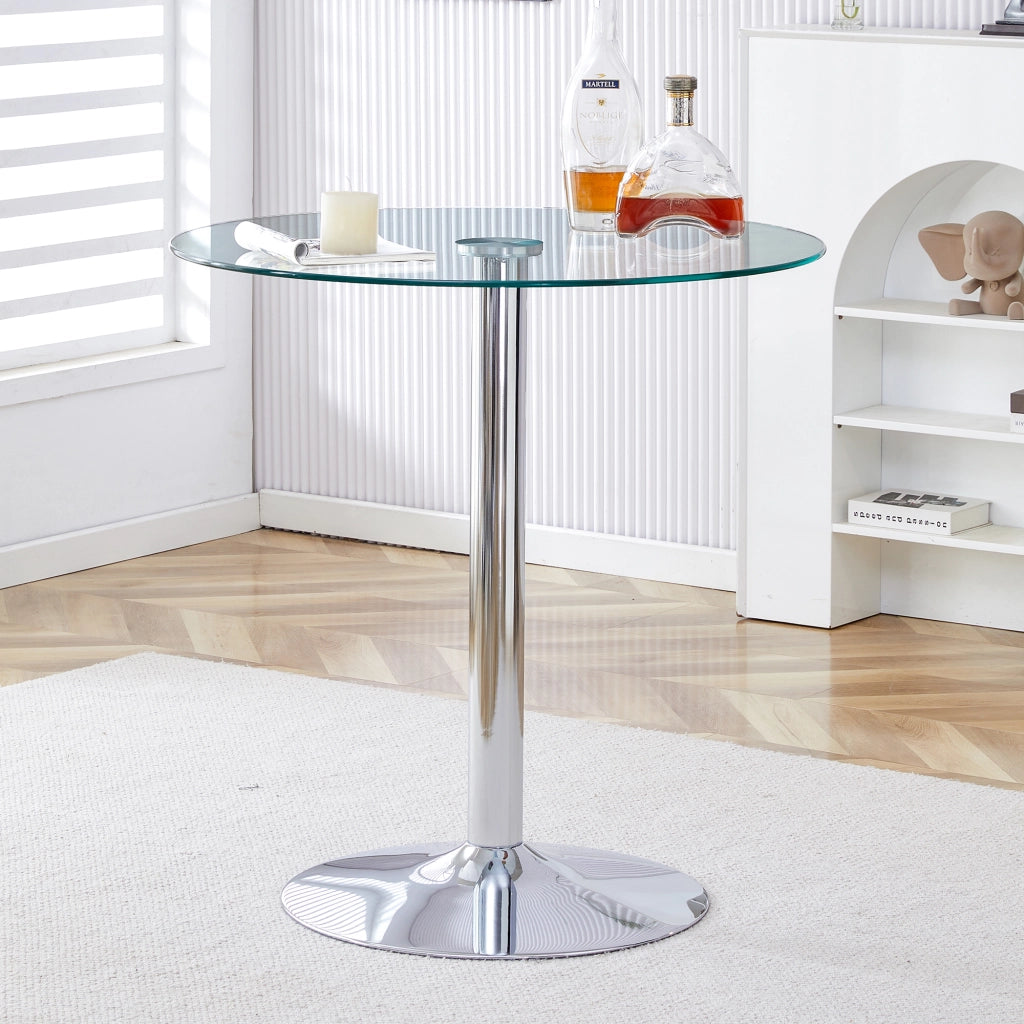 Tavolo da pranzo rotondo con piano in vetro e base in metallo, per cucina e zona bar, argento, 89 × 89 × 92 cm