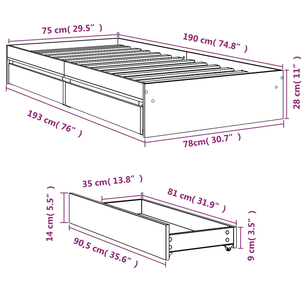 Letto singolo | Letto per adulti | Giroletto Cassetti Rovere Marrone 75x190 cm Legno Multistrato