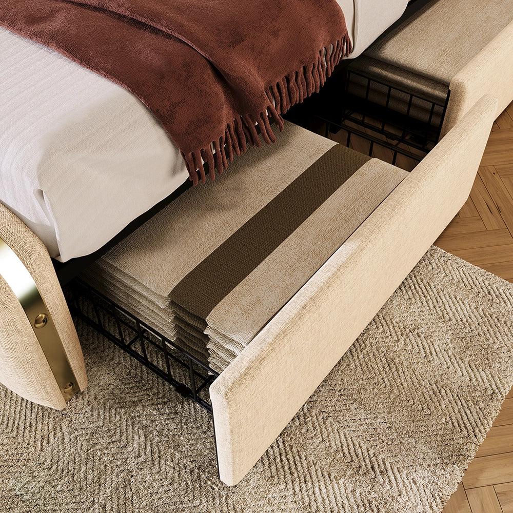 Letto imbottito con 4 cassetti - Xylo - 140x200 cm - Beige - Testiera imbottita doppia con carica USB-C