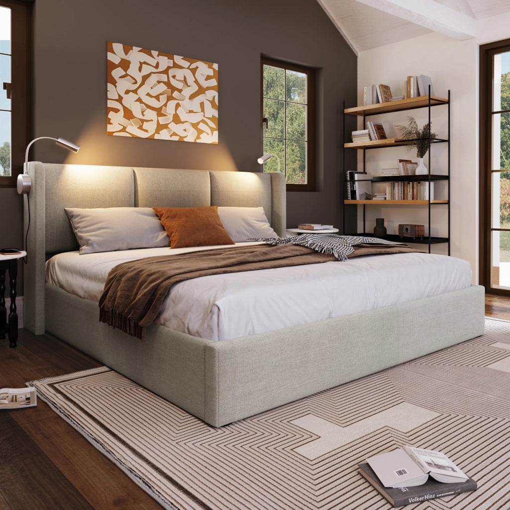 letto imbottito lino beige 140x200 cm