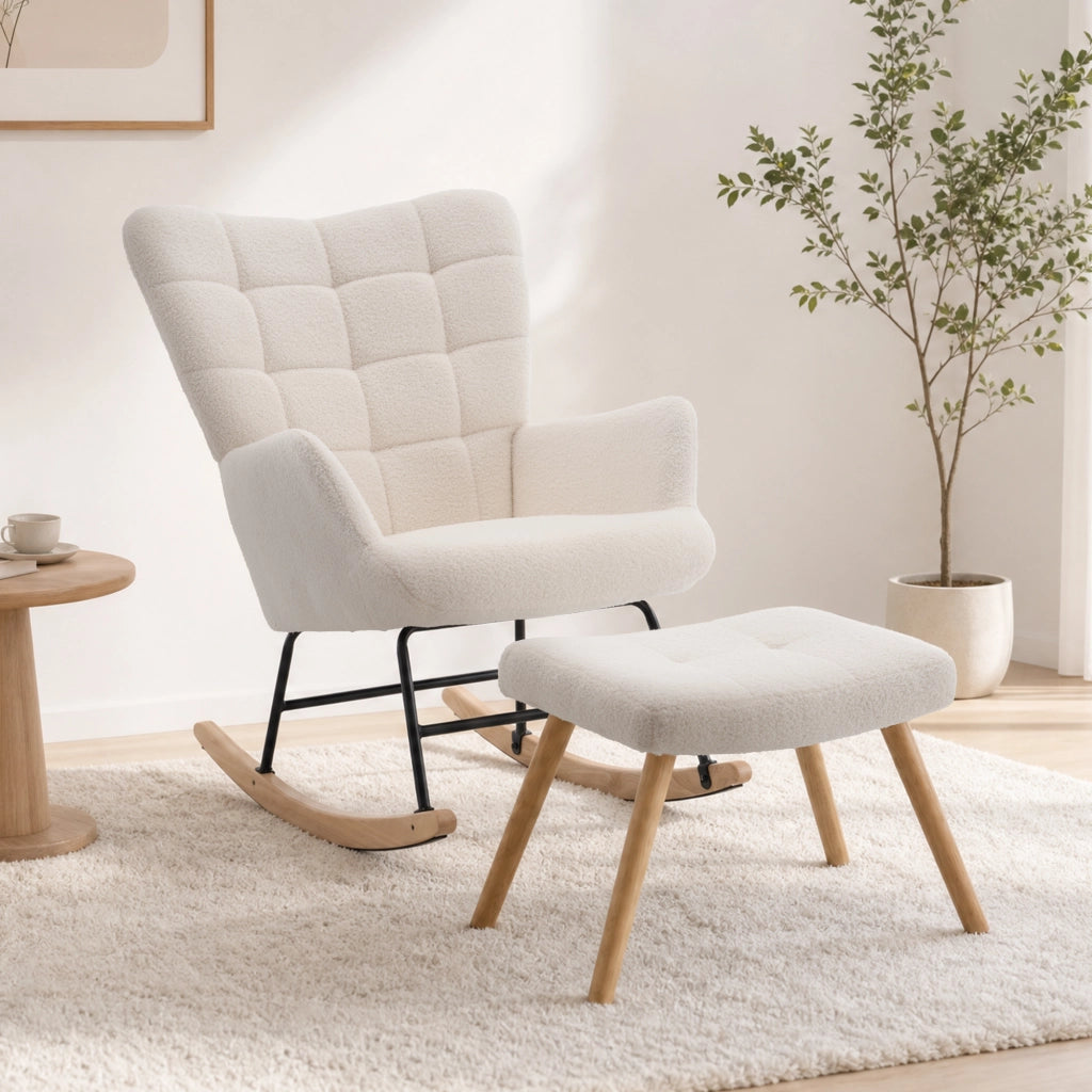Poltrona a dondolo beige in lana di pecora 91x61x88 cm con poggiapiedi