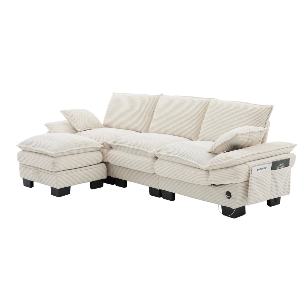 Divano modulare a 3 posti in corduroy con 1 pouf, USB-C, tasche laterali, beige