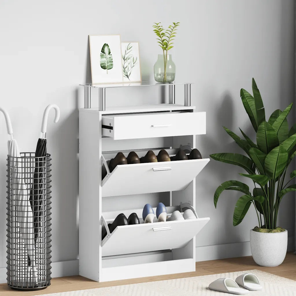 Scarpiera | Mobile per scarpe con Cassetto e Mensola Vetro Sopra in Legno Bianco