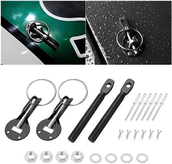 Kit di Blocco Pin per Capotto Motore Universale - Alluminio - Nero - Duraturo - 25 x 15 x 2 cm - 1 Pezzo - Protezione della Cavità Motore - Blocco Motocapotto