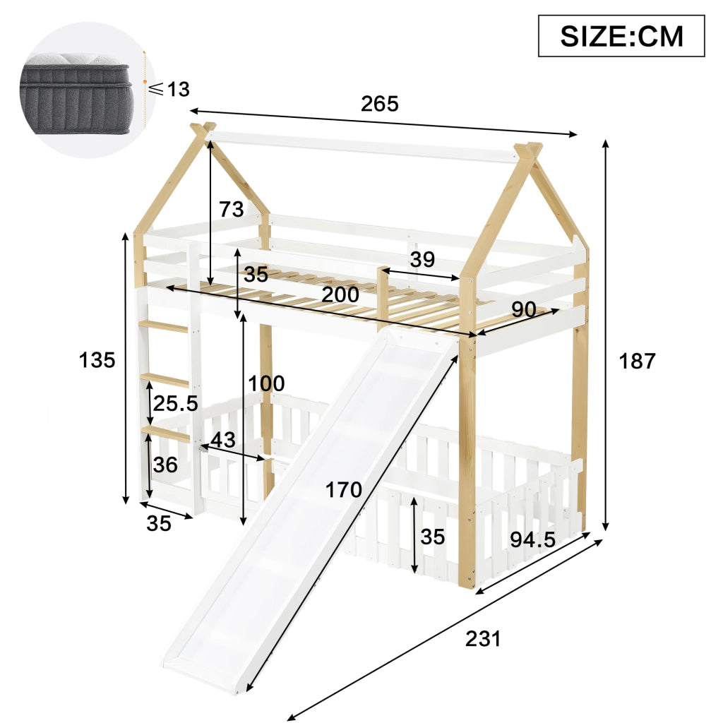 Letto a castello bambino 90×200 cm con scivolo; tetto e spazio libero; senza materasso; bianco naturale