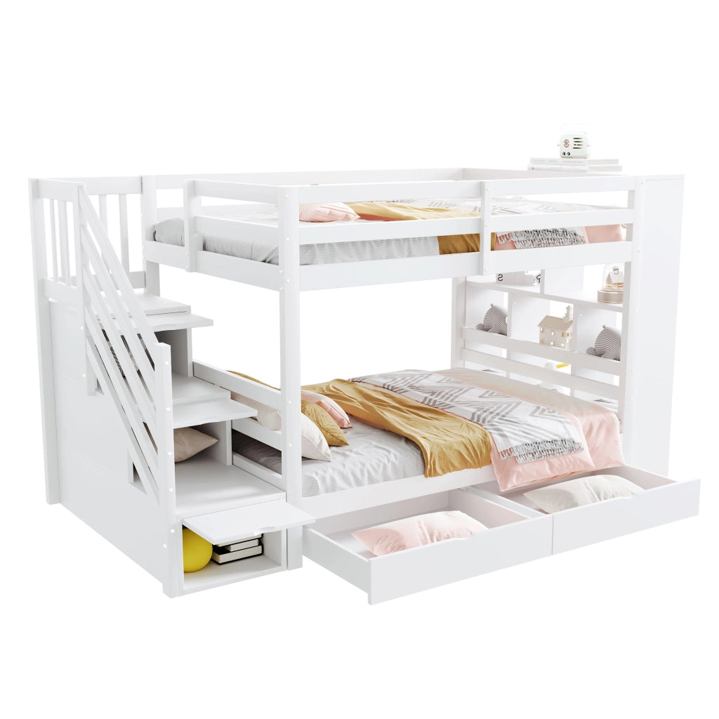 OKWISH Letto a Castello 90×200 cm, Letto Singolo con Scala con Contenitori, 2 Cassetti, Armadietti e Sponde Alte, senza Materasso, Bianco