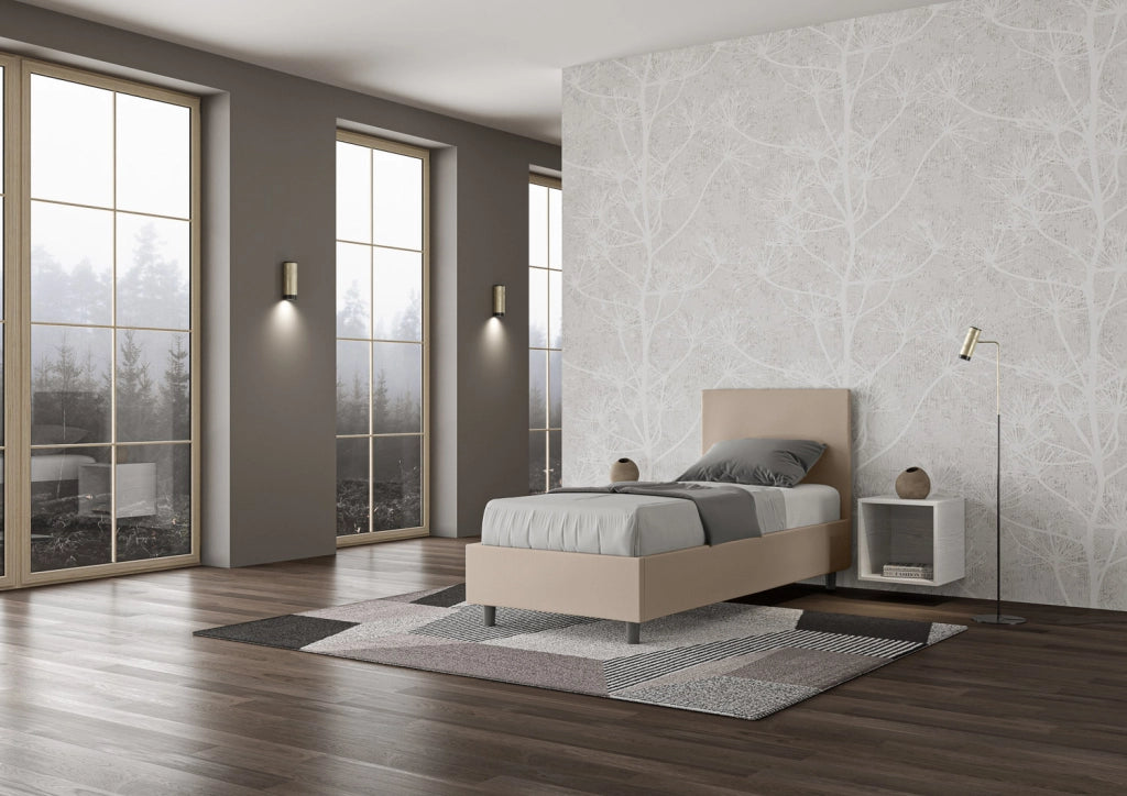 BS COM Letto singolo con rete imbottito 80x200 similpelle tortora
