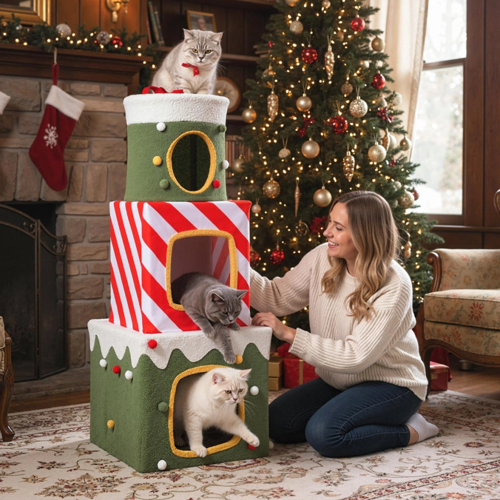 Albero per gatti di natale da interno mobile alto 120cm con 3 condo, Albero per gatti caverne nascoste e pallina appesa Verde-Alberi Tiragraffi
