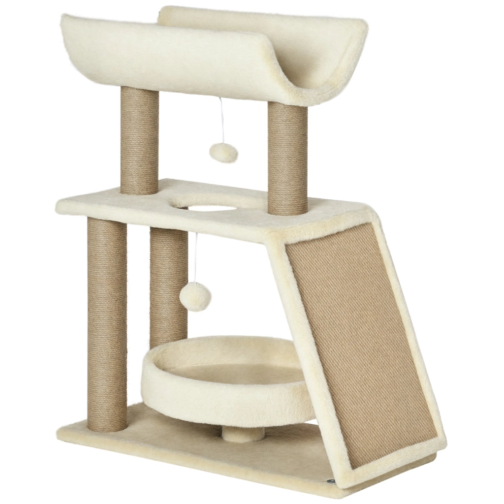 Albero tiragraffi per gatti con giocattoli e cuccia ¨C Zephmum ¨C 60x30x76 cm crema e naturale