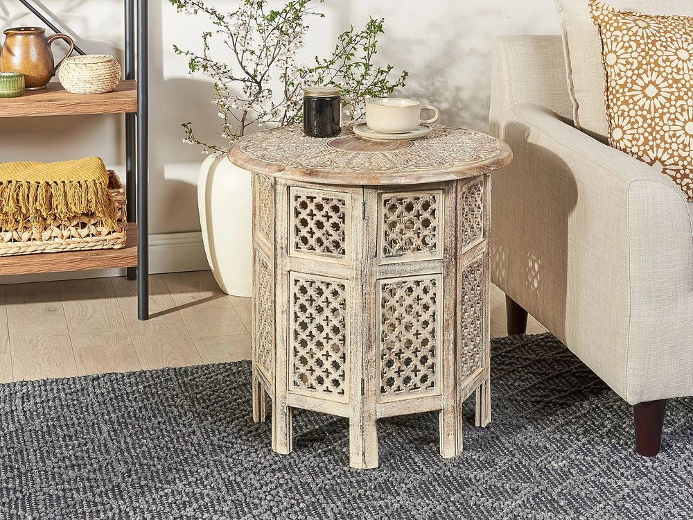 Tavolino in legno di mango chiaro Piano rotondo Base ottagonale 53 x 53 cm Design tradizionale