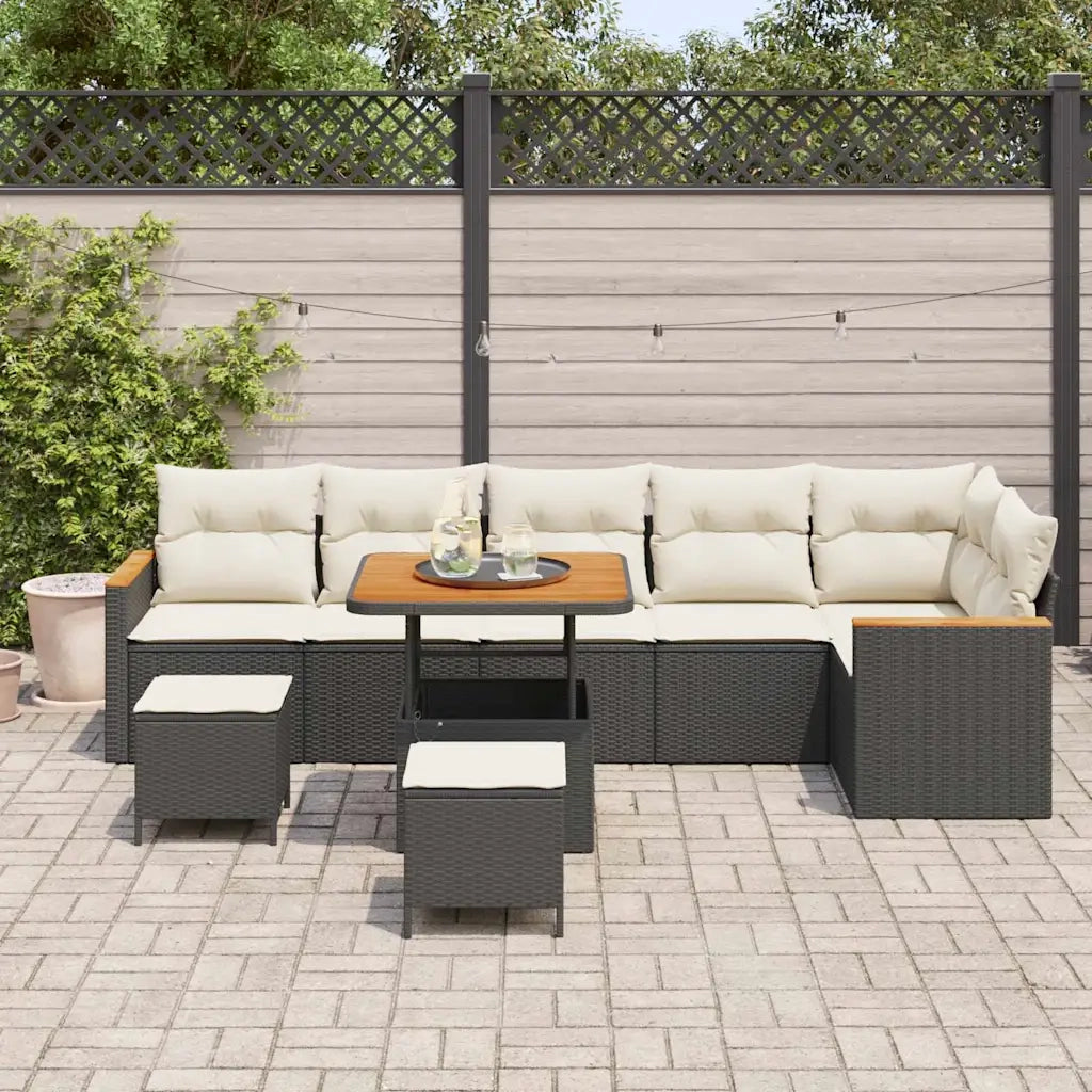 Set Divano da Giardino con cuscino 9 pcs Nero Poly Rattan