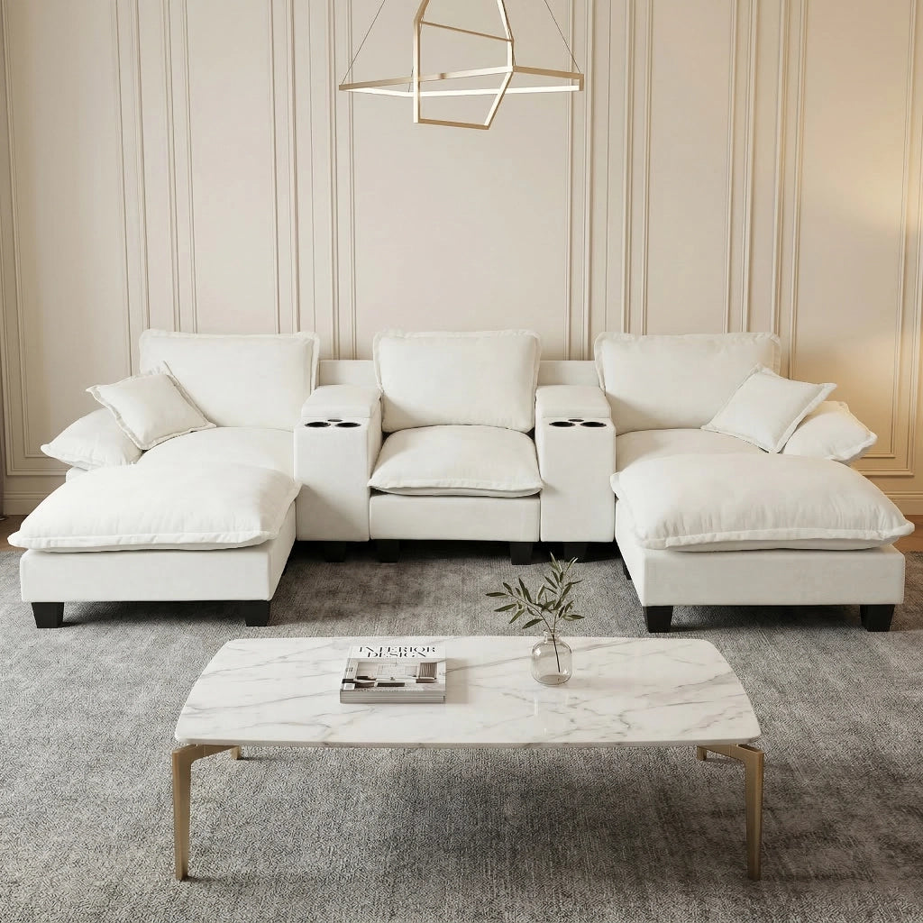 Divano Modulare a U con Ottomane, Contenitore e Portabicchieri ¨C Xylo ¨C Chenille Beige