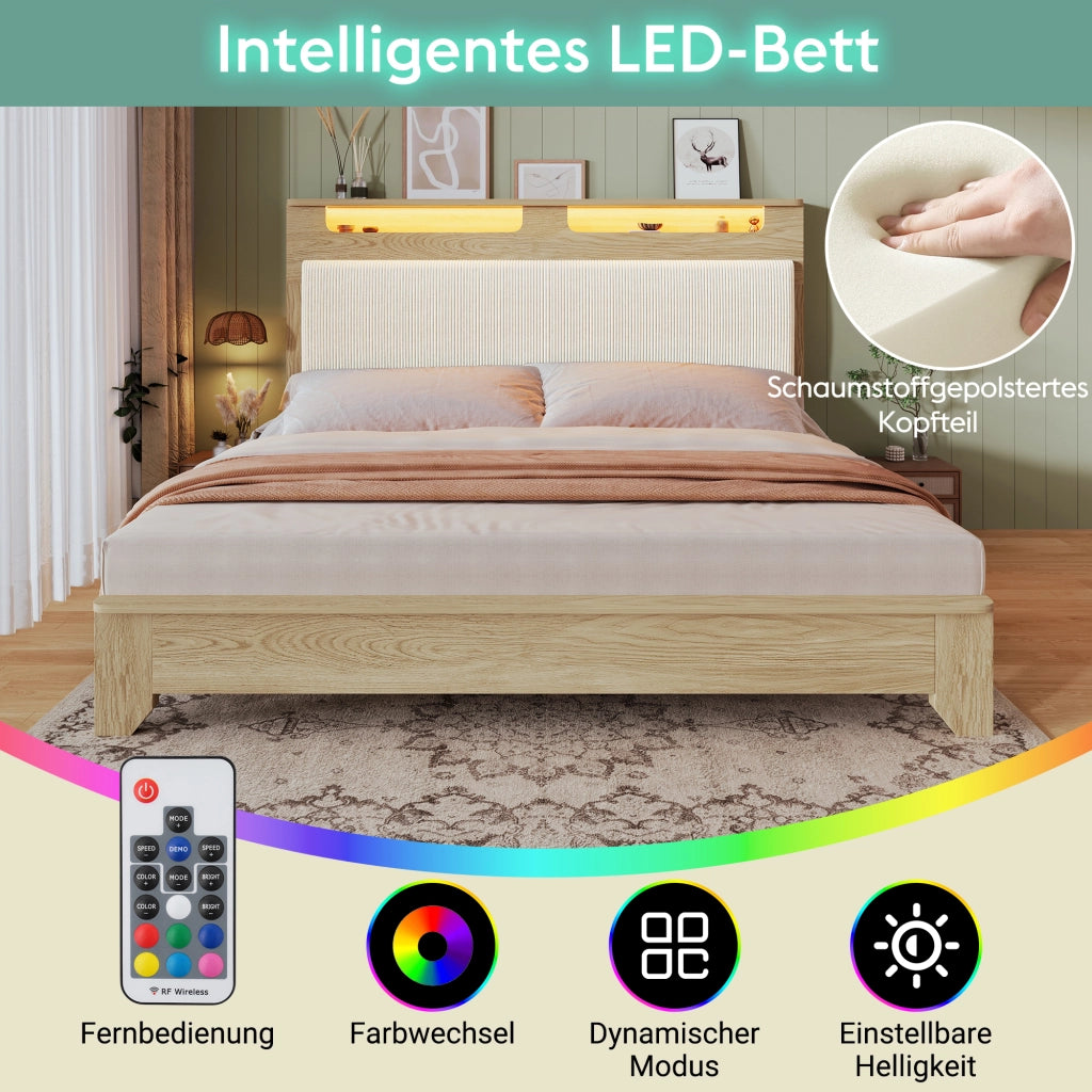 Letto in legno con testiera contenitore; LED e schienale in cord beige; quercia chiara; 140x200 cm; materasso incluso