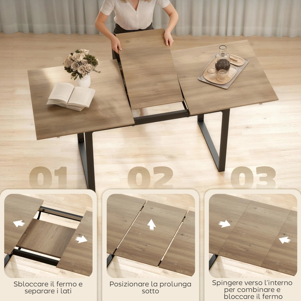 Tavolo da Pranzo Industriale per 6-8 Persone con Ribalta Rotonda. in Legno e Acciaio. 180x80x75 cm