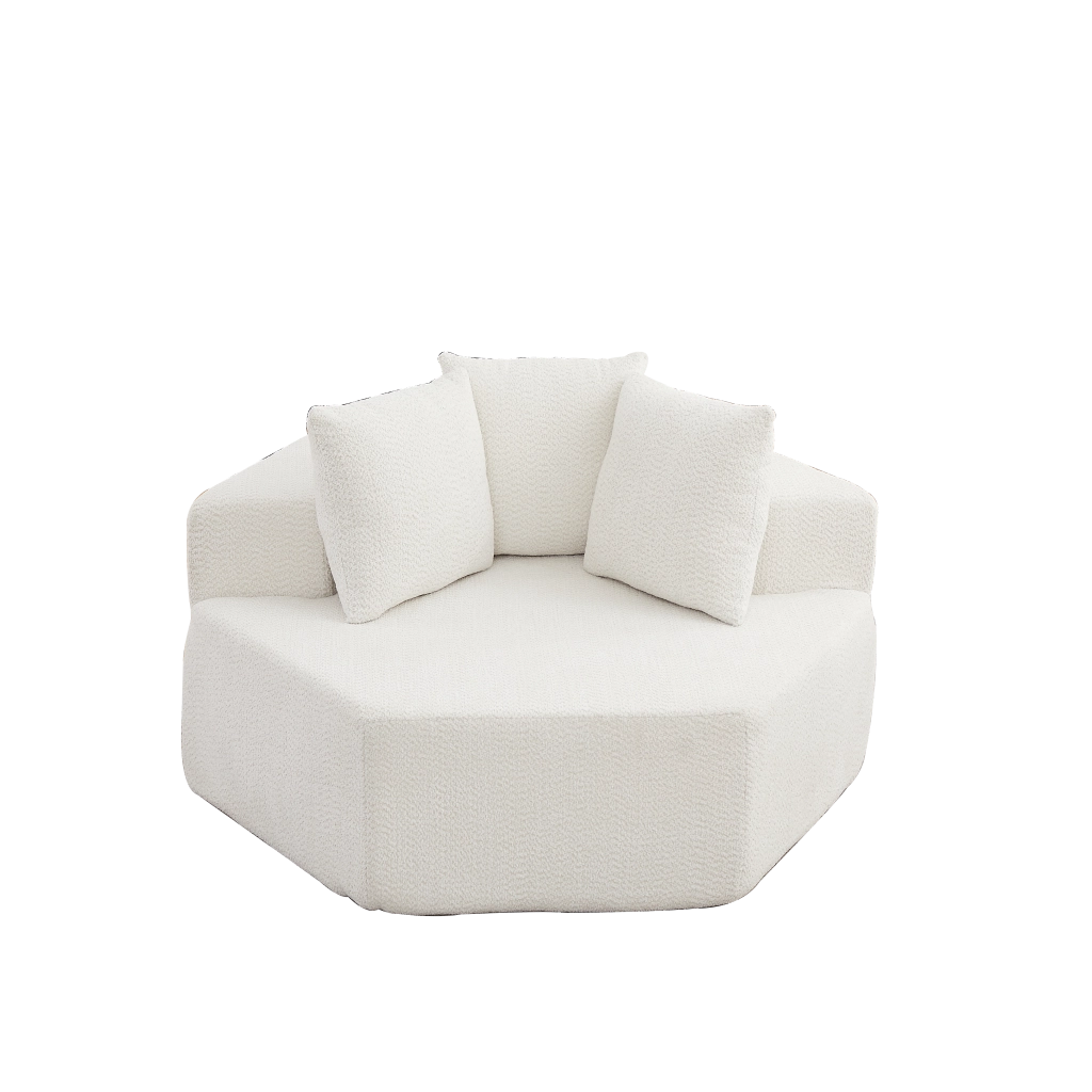Poltrona lounge singola esagonale modulare in chenille beige con 3 cuscini