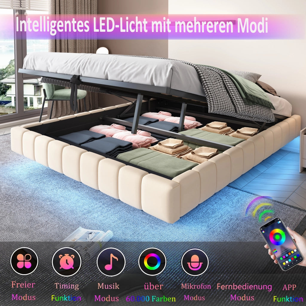 DESMIU Letto Contenitore Letto Matrimoniale con LED Regolabile e Vano Contenitore 160 × 200 cm, Senza Materasso