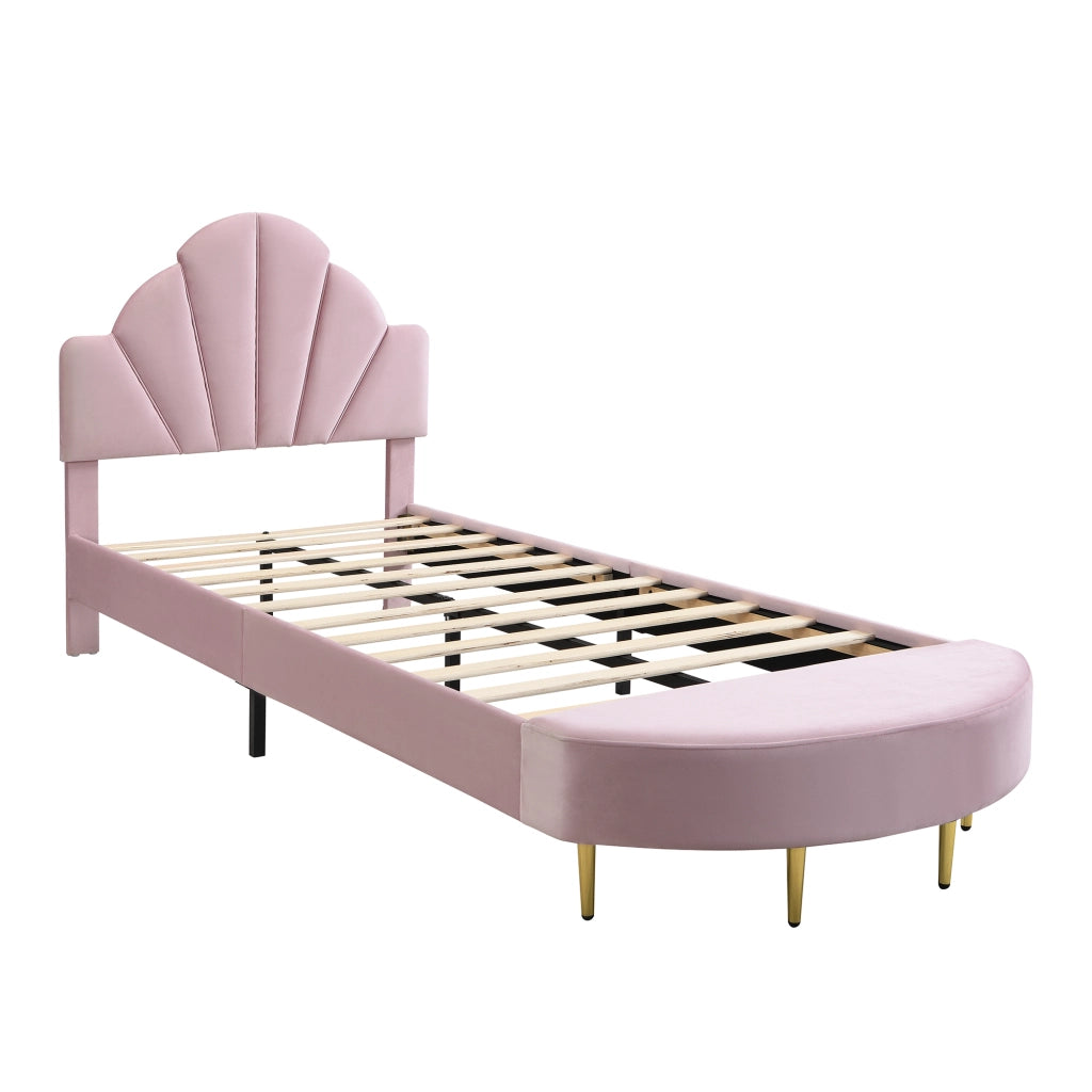 DESMIU Letto singolo 90 × 200 cm con panca coordinata, testiera in velluto, senza materasso, rosa