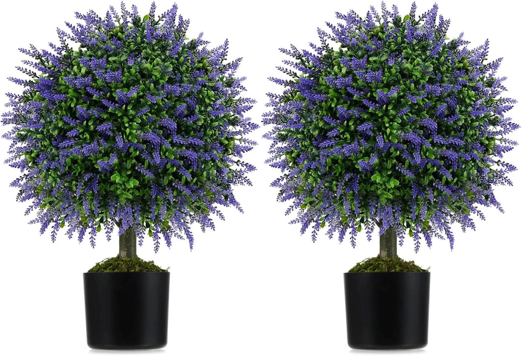 Set di 2 Alberi di Topiario Artificiale con Lavanda, Albero di Bosso Finto da 58 cm con Vaso Riempito di Cemento, Pianta Finta Resistente al Sole per Interni ed Esterni