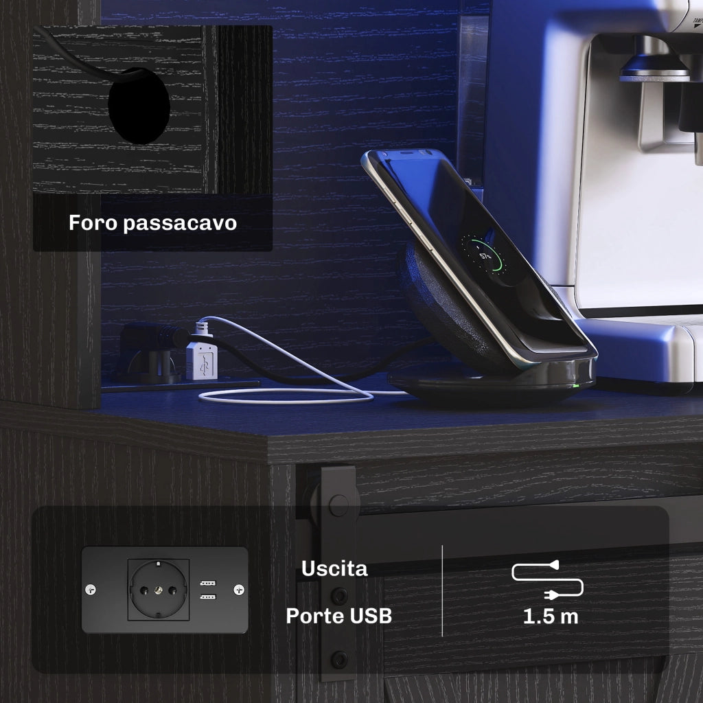 Credenza Rustica con Armadietti, Portabottiglie e Luci LED ¨C Minimal ¨C Nero