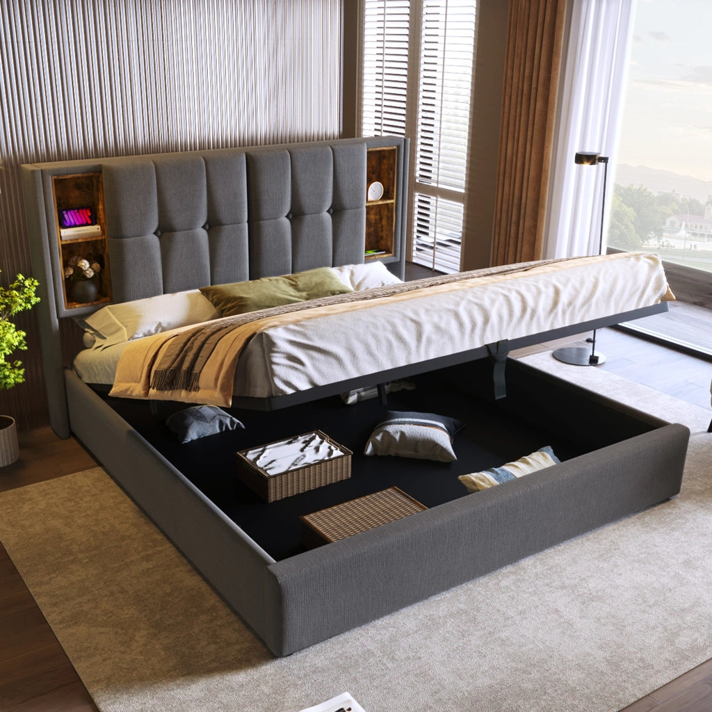 Letto imbottito 140x200 cm con ricarica wireless, USB e contenitore, grigio