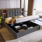 Letto imbottito 140x200 cm con ricarica wireless, USB e contenitore, grigio
