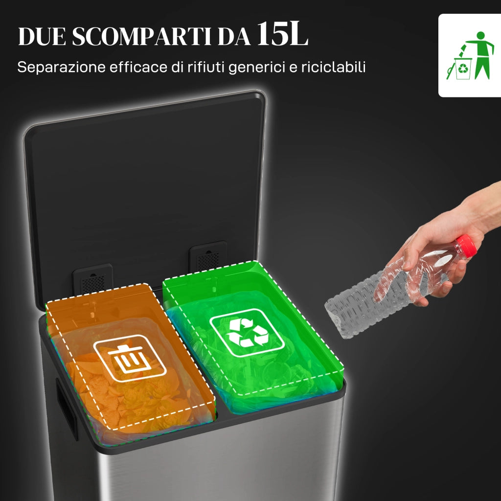 Pattumiera a Pedale 2 Scomparti ¨C Xylo ¨C 15L Acciaio Inox Coperchio Silenzioso 41.8x36.7x44cm