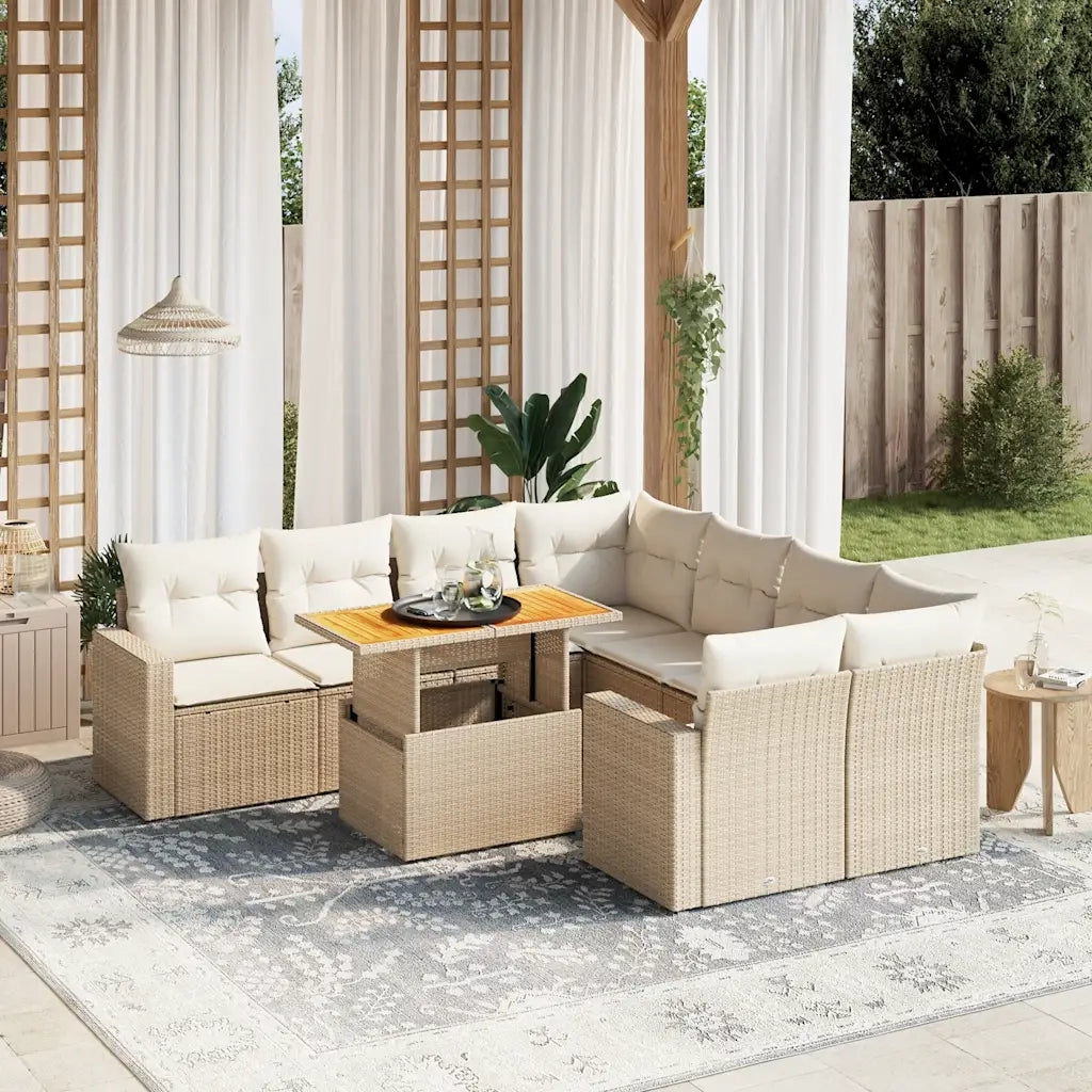 Set Divano da Giardino 9 pz con Cuscini Beige in Polyrattan