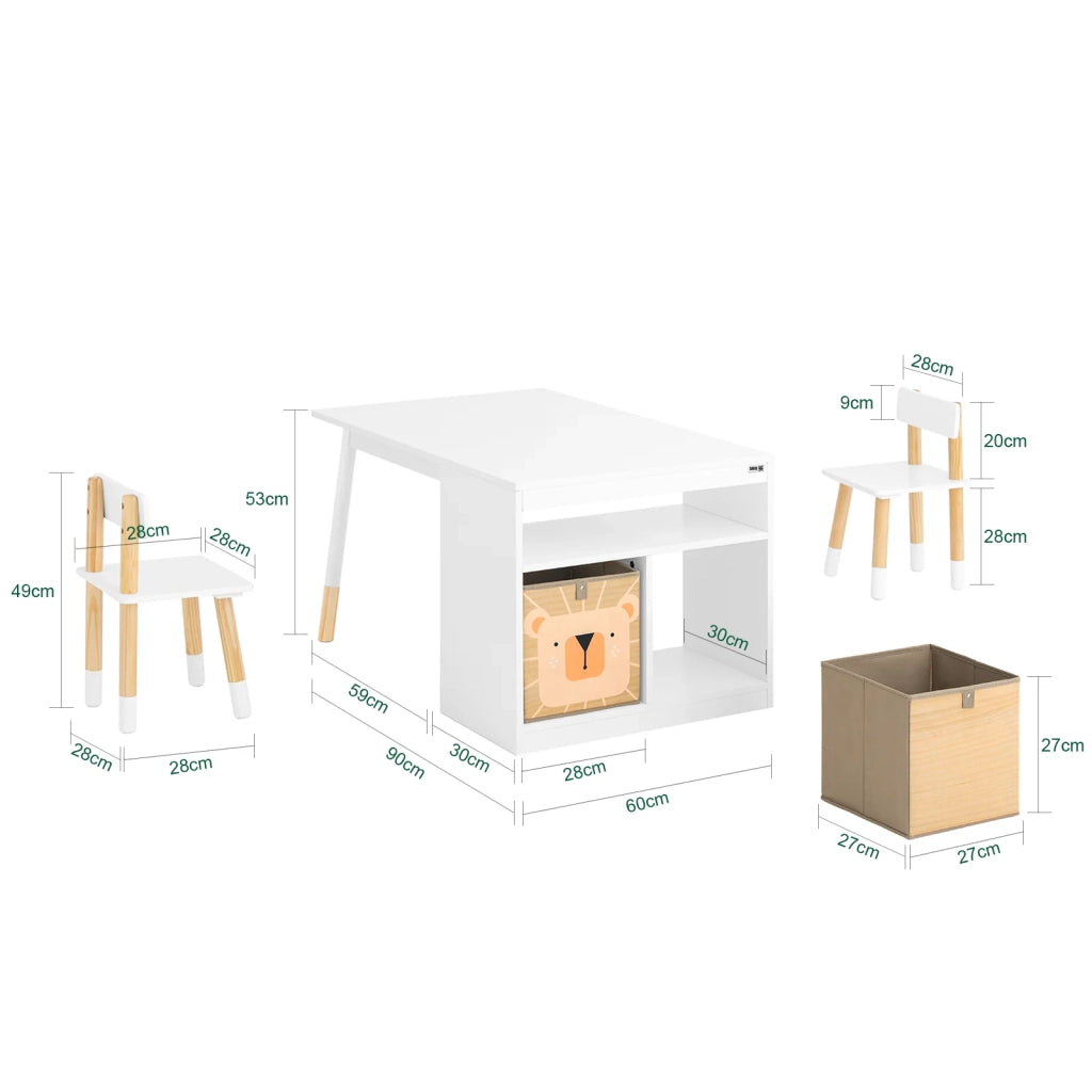 SoBuy Tavolo per bambini con 2 sgabelli Set mobili per bambini Tavolo con spazio di archiviazione Bianco 90x60x53cm KMB113-W