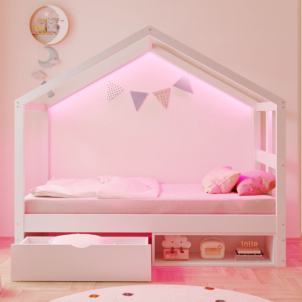 LETTO multifunzione 90x190 cm con cassetto, scarpiera e LED bianco