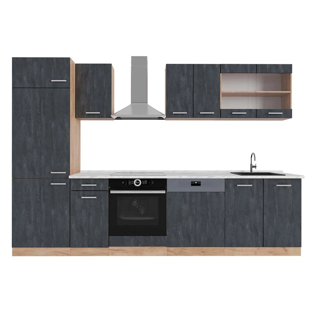 Cucina componibile R-Line Calce nera/Rovere dorato 300 cm PL Marmo Vicco