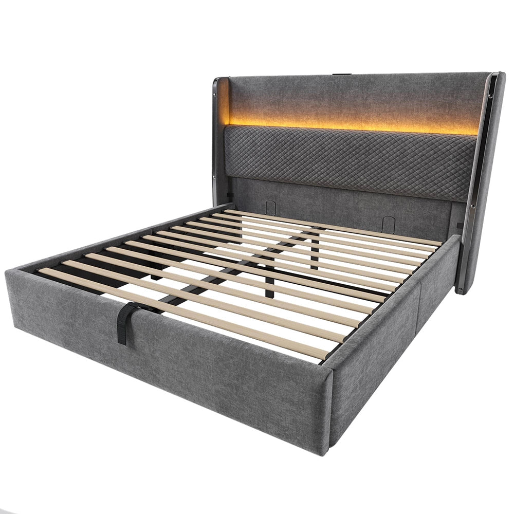 Letto 140x200cm?- Xylo - idraulico LED USB lino grigio