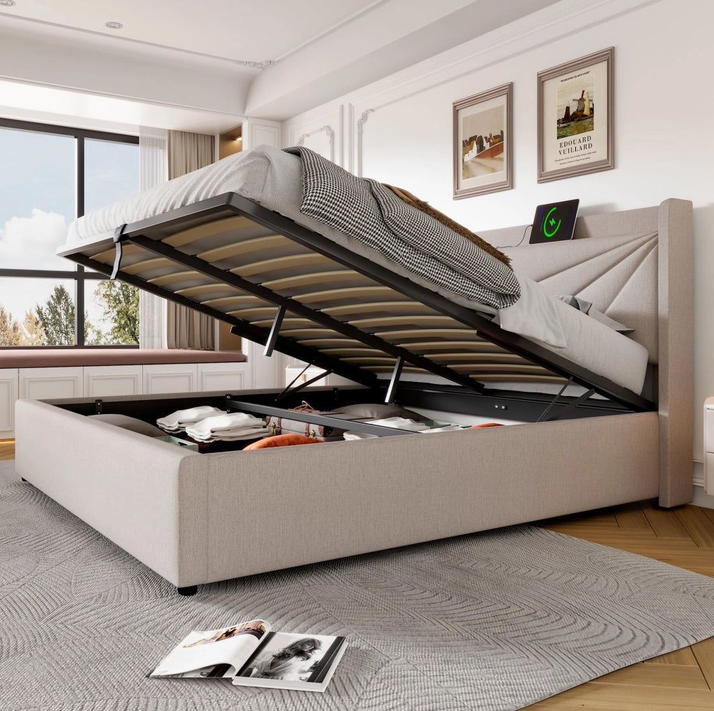 Letto matrimoniale imbottito con contenitore, testiera con USB e Tipo C, 160x200 cm
