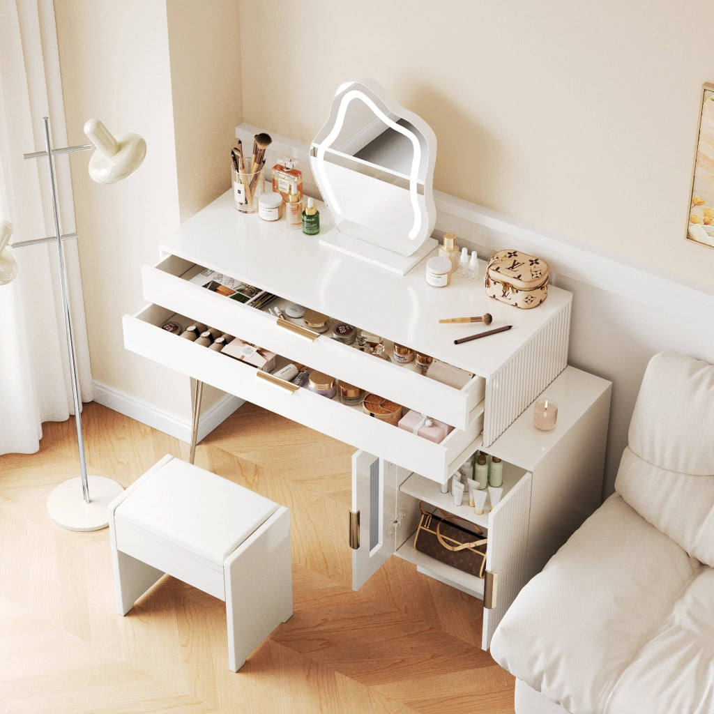 OKWISH Toeletta con 2 Cassetti, Specchio LED 3 Modalità e Mobile Laterale Scorrevole, per Camera, Pannelli, Bianco, 100×40×78 cm