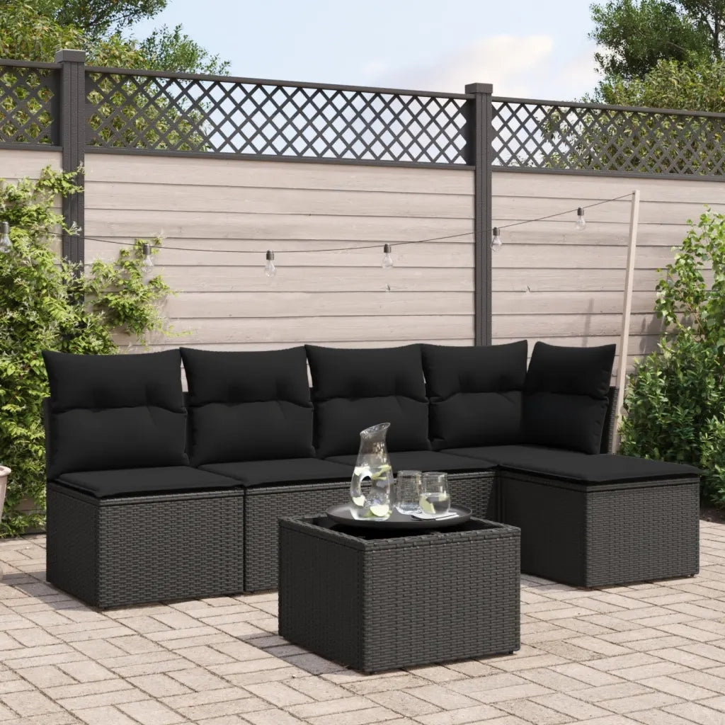 Set Divano da Giardino 6 pz con Cuscini Nero in Polyrattan