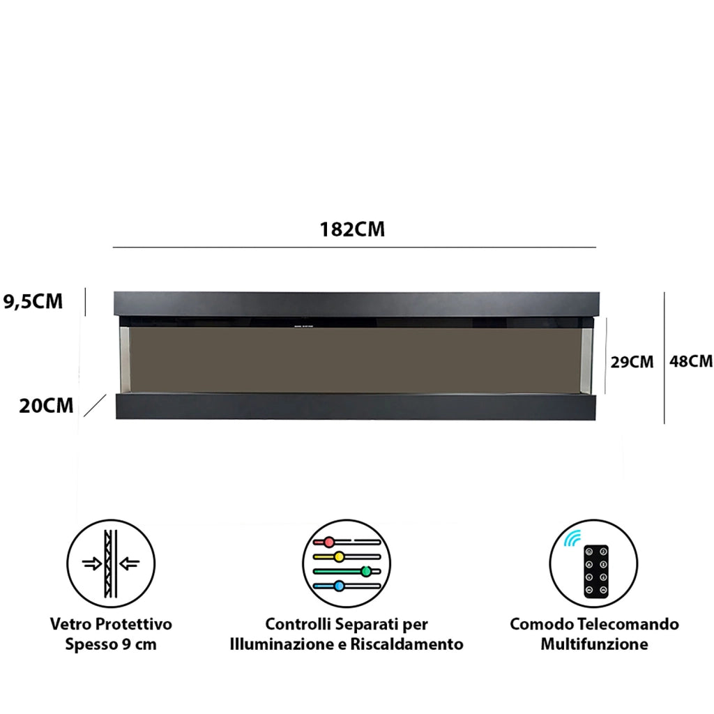 Camino Elettrico da Parete o Incasso Velar 182x20x48 cm Effetto Fiamma Telecomando in MDF Nero Opaco