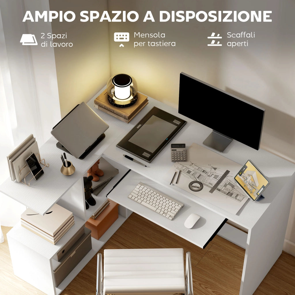 Scrivania Angolare Moderna ¨C Xylo ¨C Bianco con Ripiano Tastiera e Scaffale 4 Ripiani