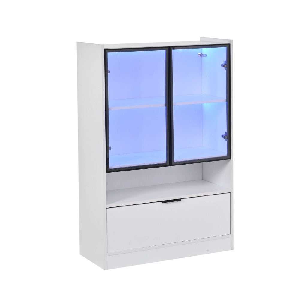 Vetrina 120x80x35 cm con illuminazione LED e ante in vetro; pannello truciolare bianco