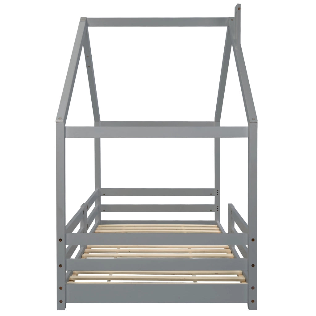 Letto a casetta per bambini con camino, protezione anticaduta, robusta base a doghe, legno di pino, letto a casetta per bambini, 90 x 200 cm senza mat