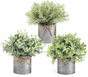 Mini piante artificiali in vasi metallici per decorazione rustica - 3-pack di piante artificiali - eucalipto falso - per interni - sala da pranzo e ufficio