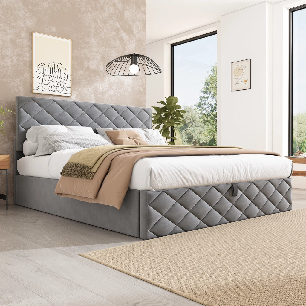 LETTO Imbottito con rete a doghe, sollevamento idraulico, 140x200 cm, velluto grigio