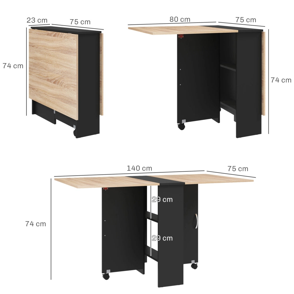Tavolo pieghevole da pranzo su ruote con piano in effetto rovere e gambe nere ¨C Xylo ¨C 75x140x74 cm