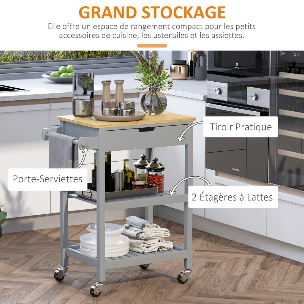 Carrello da cucina con ruote ¨C Xylo ¨C legno di hevea, 2 ripiani, 1 cassetto