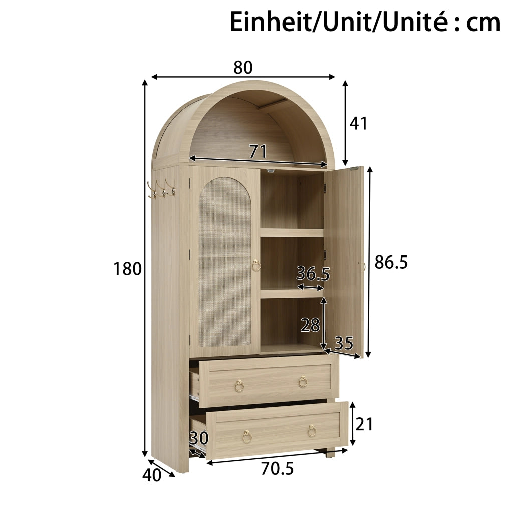 Credenza con ripiani aperti, armadietto con ante in rattan, doppi cassetti e ganci laterali, in MDF rovere