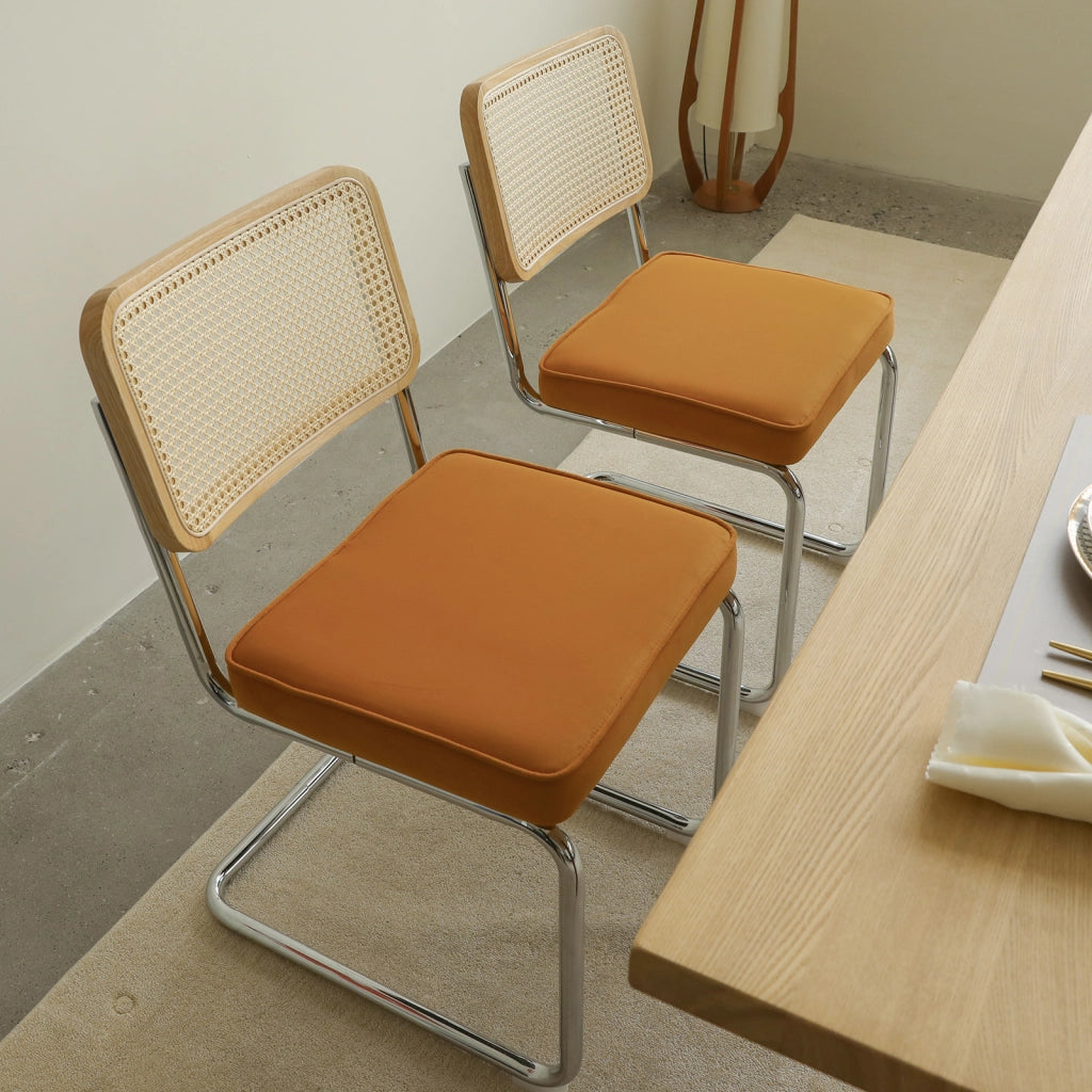 Sedia da pranzo set da 2 - Sedia in velluto e rattan con gambe cromate – Design Mid-Century Modern ispirato a Breuer – Sedia imbottita ideale per soggiorno, cucina e altri ambienti