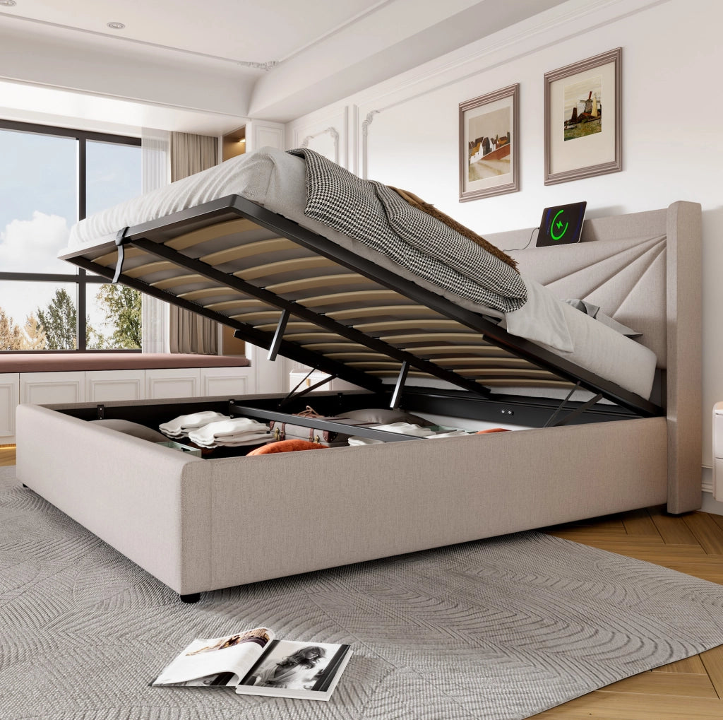 Letto matrimoniale imbottito con contenitore, testiera con USB e Tipo C, 160x200 cm