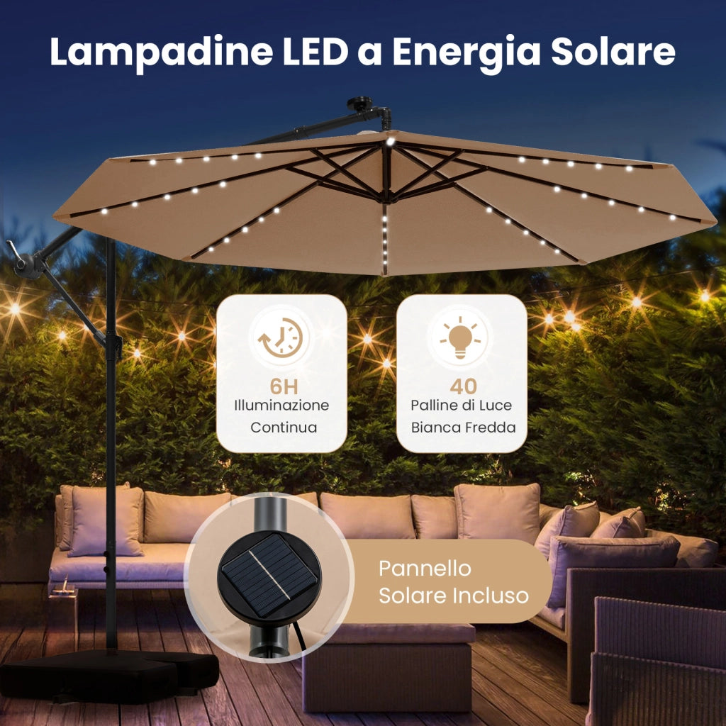 Ombrellone da 300 cm con supporto e luci LED, ombrellone a braccio con manovella, ombrellone da giardino, protezione UV, ombrellone da mercato, ombrellone da patio per giardino, piscina, terrazzo, beige