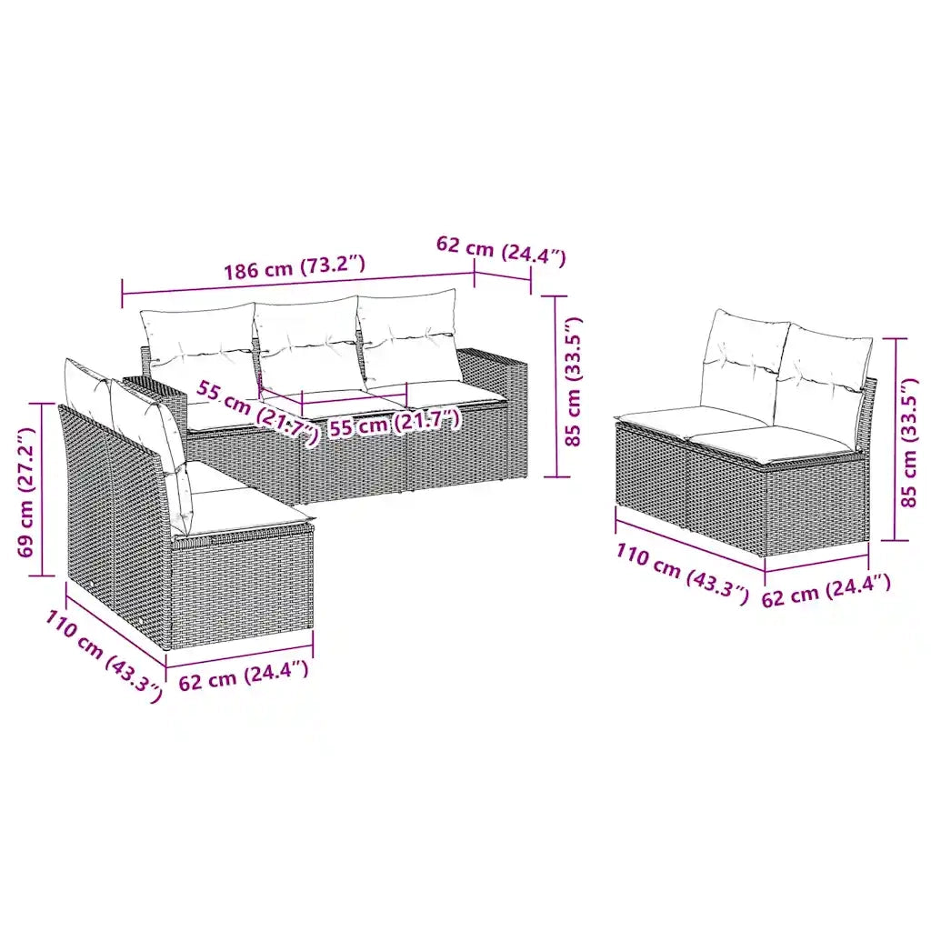 Set Divani da Giardino con Cuscini 7pz Nero Polyrattan 3251163